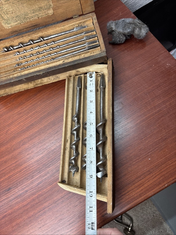 Antique Irwin Auger Drill Bit Wood Box w/ 8 auger bits