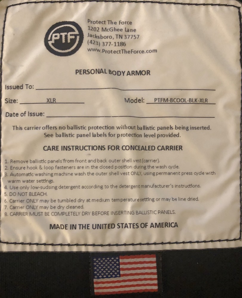 Personal Body Armor PTFM-BCOOL-BLK-XLR