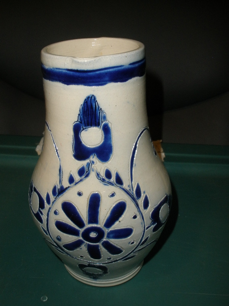 Studio Pottery Clay Stoneware Pitcher Gray & Blue 7" Tall EUC
