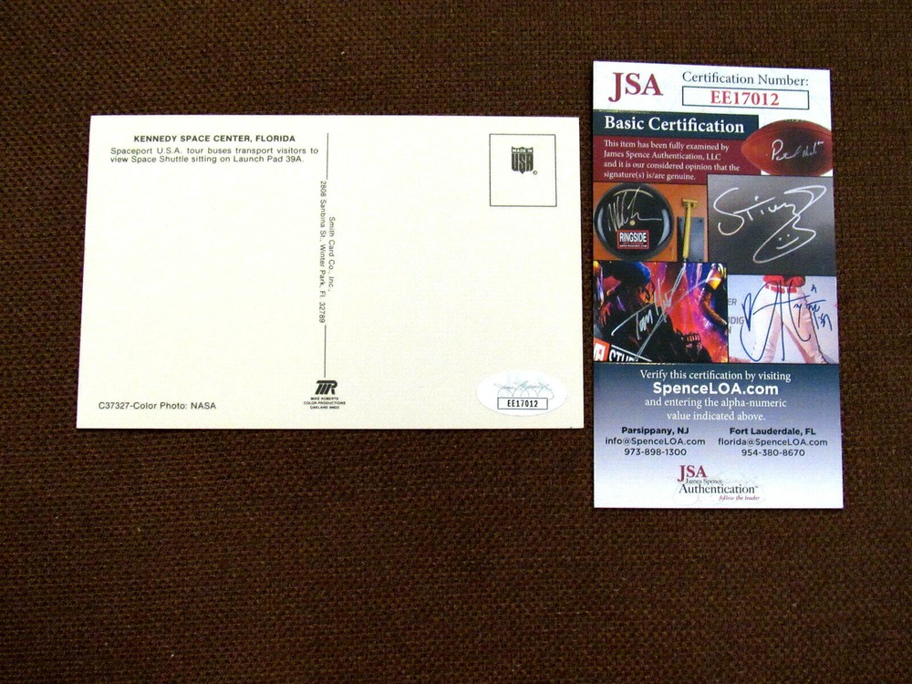 RUSTY SCHWEICKART APOLLO 9 ASTRONAUT SIGNED AUTO VTG KSC POSTCARD WITH PATCH JSA