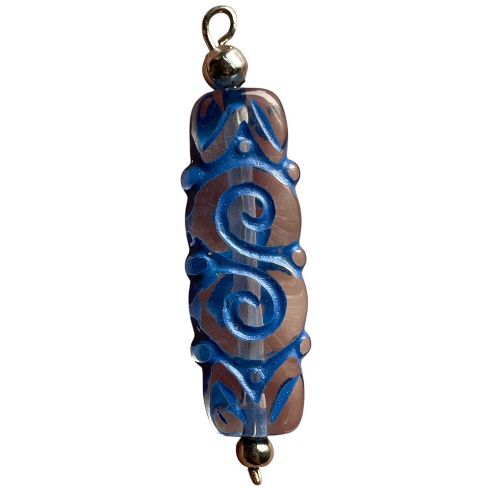 Boho Blue Swirl Pattern Ornamental Scrollwork Eclectic Beaded Pendant Charm