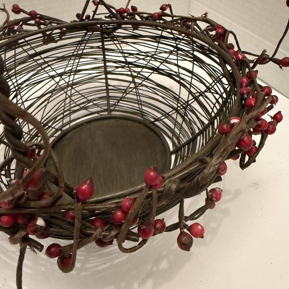 Woven Wire Basket With Faux Red Berries