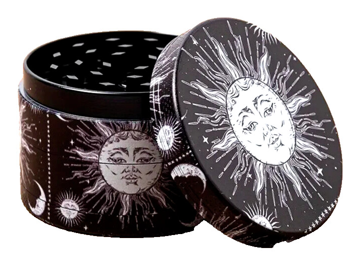Creative Pattern Sun & Moon Herb Grinder, 2.5 inch, 4-Piece, Storage & Scraper