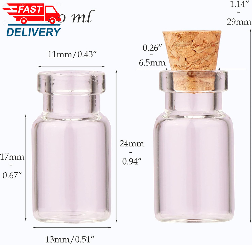 100Pcs 1Ml Small Mini Glass Bottles Jars with Cork Stoppers Tiny Vials 👌✌️