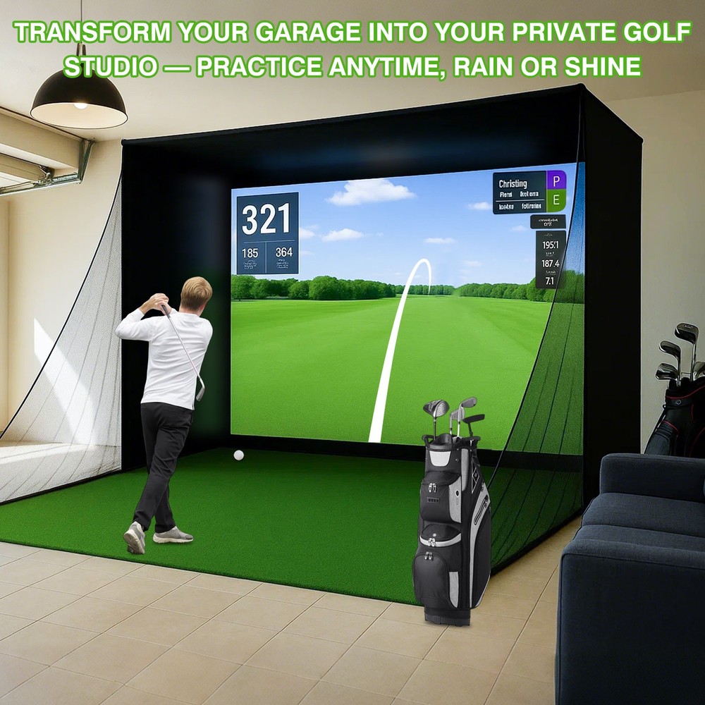 Golf Simulator Cage 10 × 8 ft Golf Enclosure Nets HD Impact Projection Screen