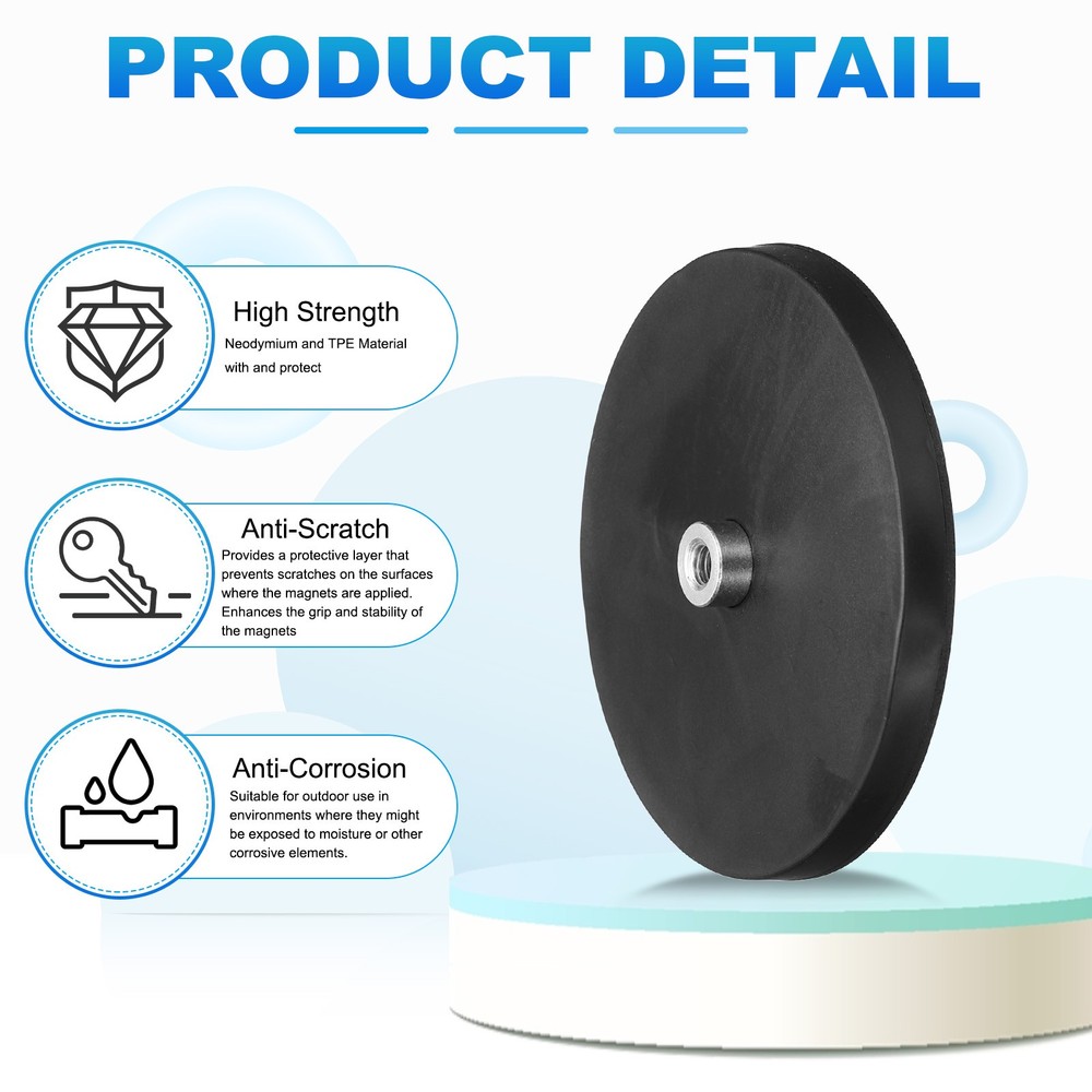 2Pcs 3.5" Rubber Coated Magnets, 88LBS Magnet Base with 1/4"-20 Threaded