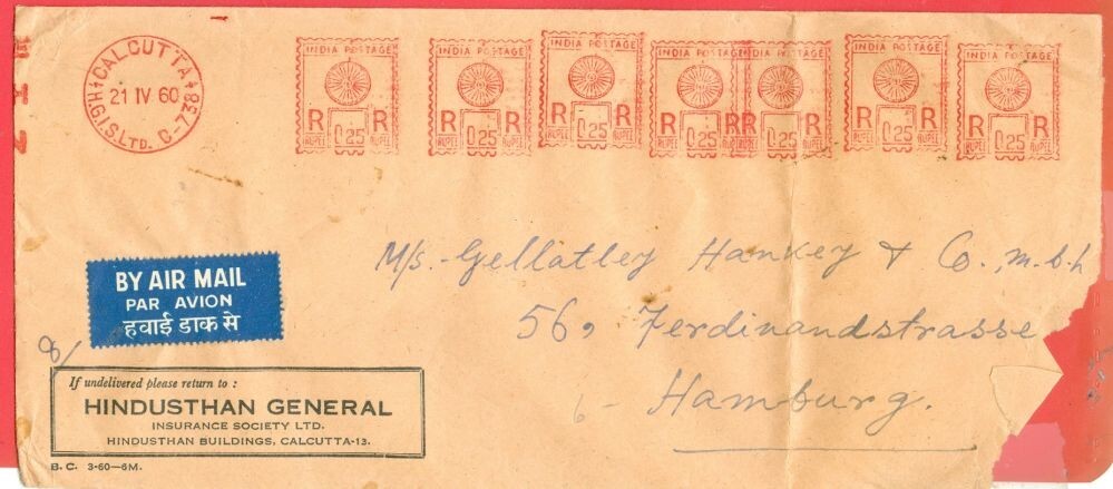 India  Multi Meter ( 7 impression ) cover Calcutta to Germany 1960