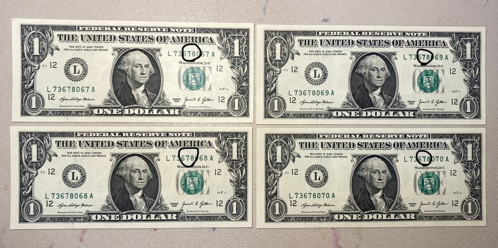(4) $1 Sequential Bills ERRORS Identical OverInked 7 & Reverse Extra Ink Miscut