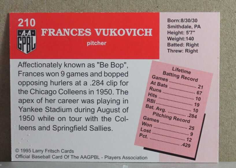 AAGPBL "FRANCIS VUKOVICH" SIGNED CARD #210