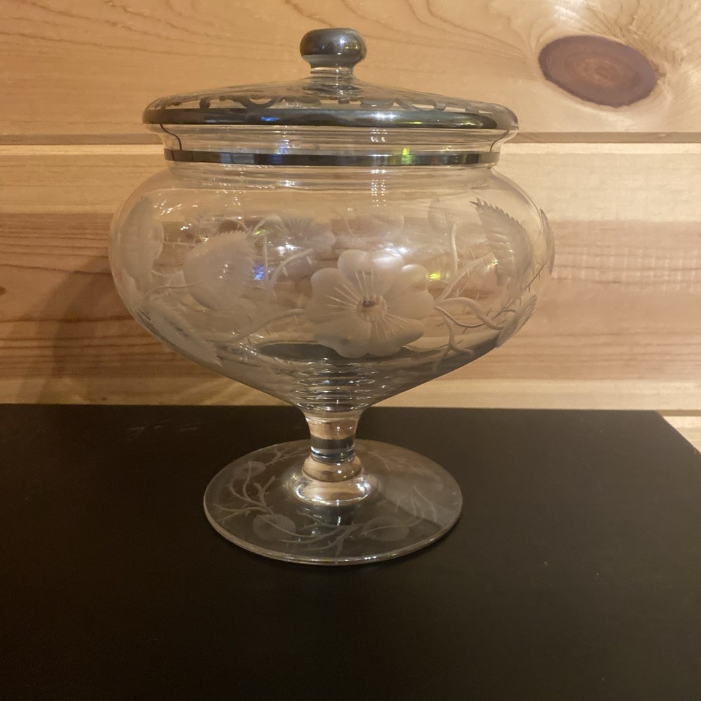 Etched Glass Compote With Silver Overlay Beautiful!