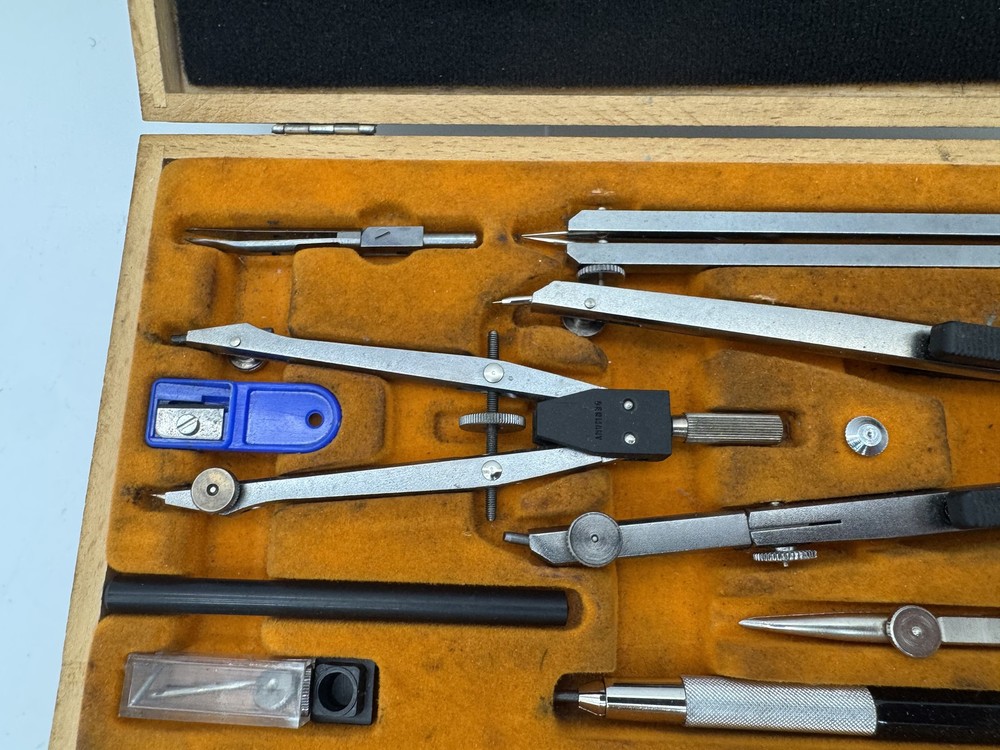 Vintage Alvin Precision Drawing Set Drafting Tools Compass German Wood Case