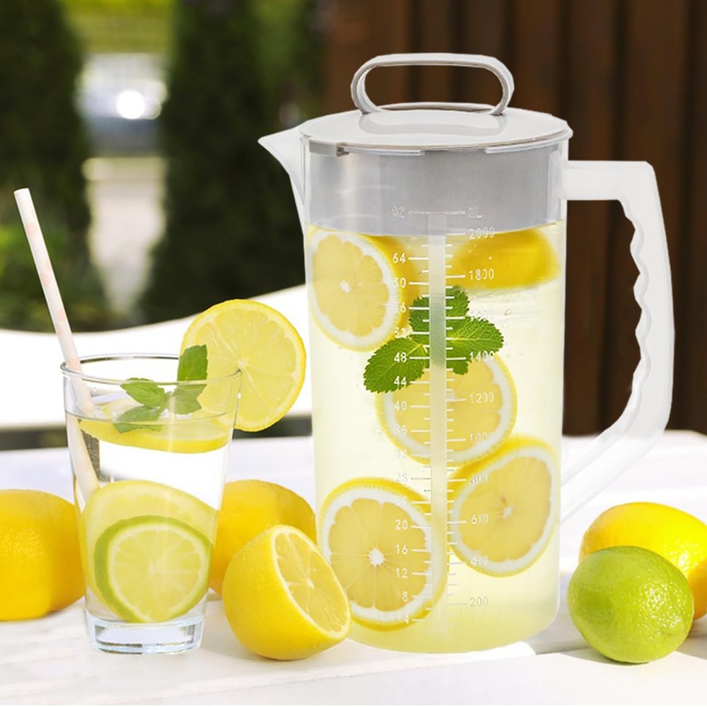 2 Pack Mixing Pitcher for Drinks 2 Quart/ 64oz Plastic Water Pitcher with Lid...