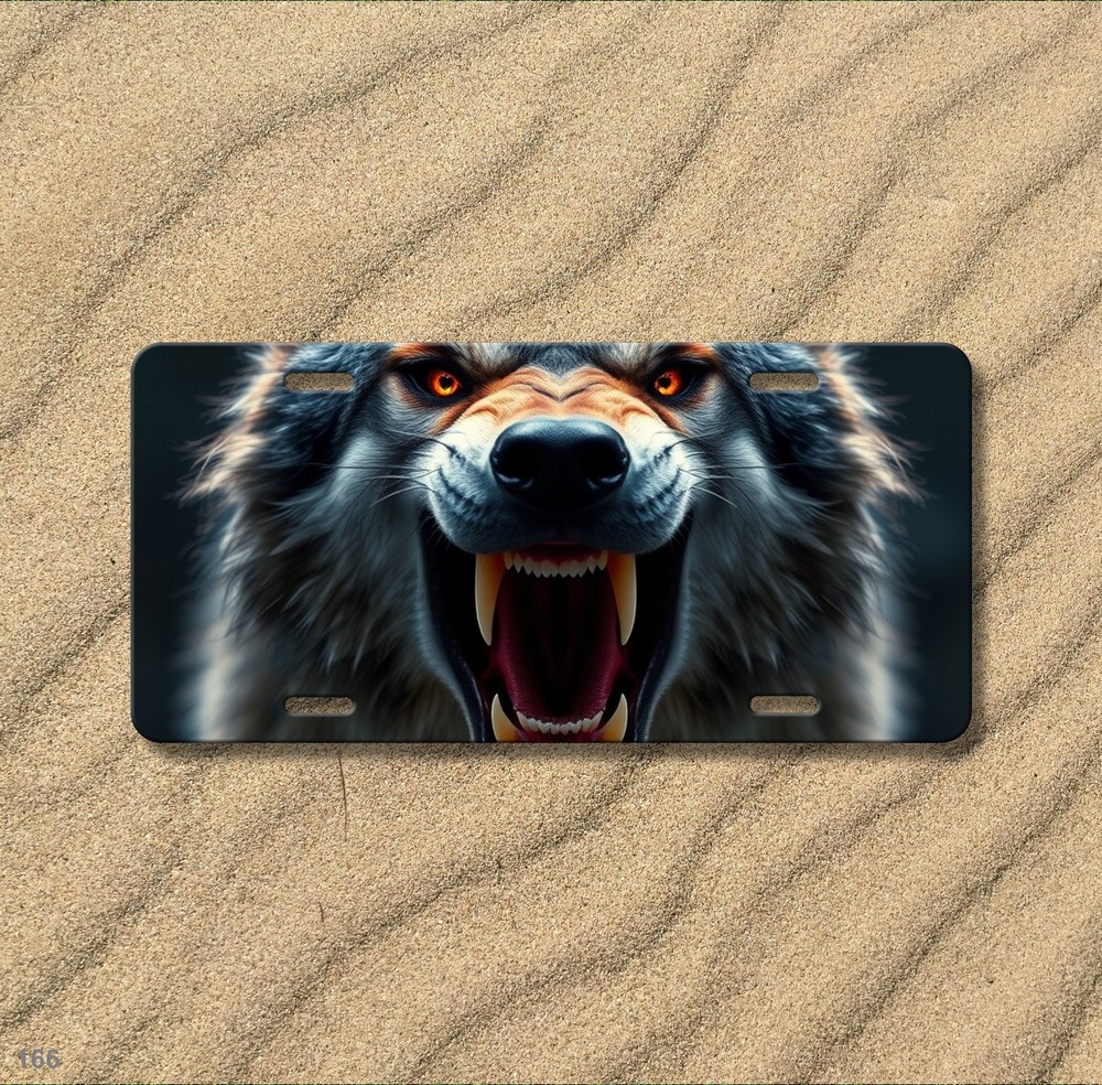 Hyperrealistic Wolf License Plate Snarling Design Optional Text Decorative Plate