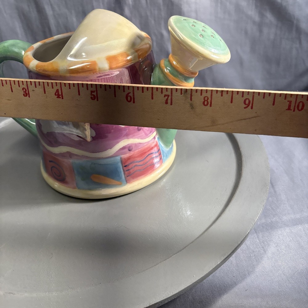 Vtg Watering Can or Planter 6.5" 2000 Palm Tree Ceramic Easter Bunny/Eggs Luster