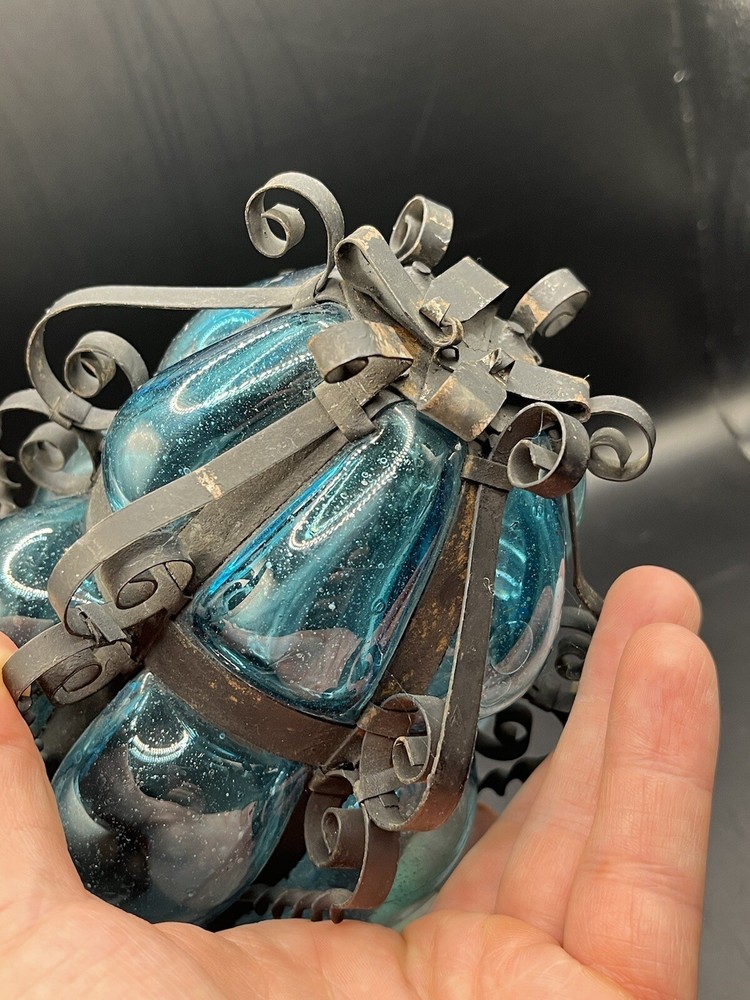 Old Handblown Blue Glass And Iron Lantern