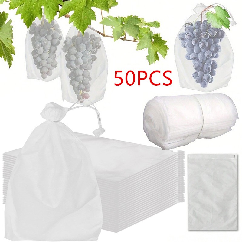 50Pcs Grape Bug Net Bags Reusable Non-woven Fruit Protect Cover with Drawstring