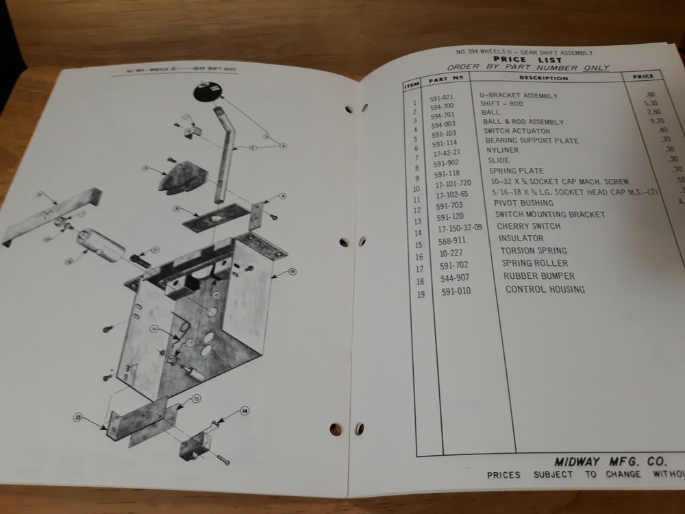Original Midway WHEELS 2 Arcade Machine Game PARTS CATALOG