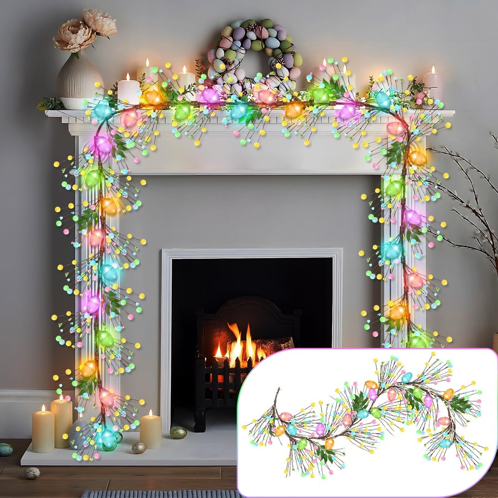 Lighted Easter Garland with 8 Lighting Modes, 15 LED Colorful Glitter Easter Egg