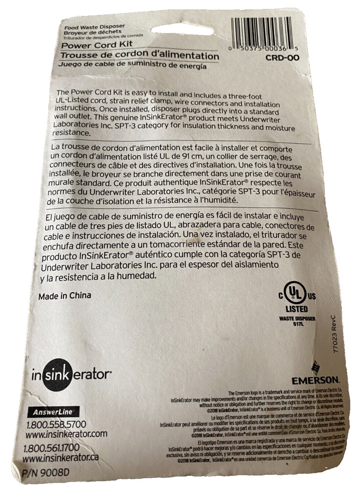 Insinkerator Power Cord Kit, CRD-00 NEW