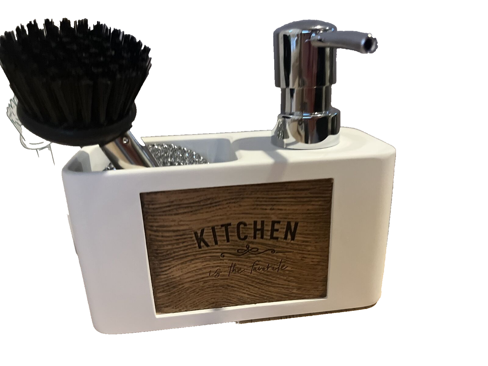 3 Piece -White Kitchen Soap Dispenser Set with Mini Brush & Scourer NEW