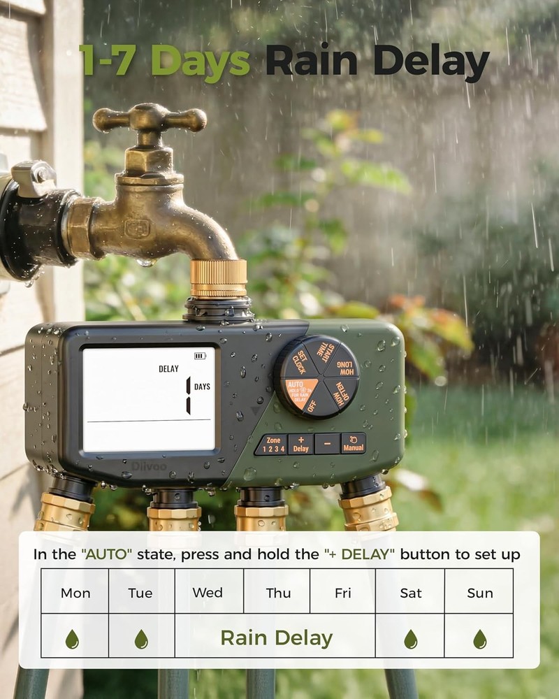 4 Zone Sprinkler Timer with Large Display Digital Control Rain Delay for Garden