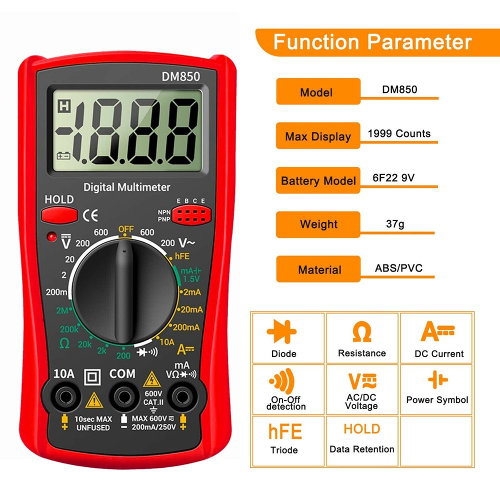 LCD Digital Multimeter Voltmeter Ammeter Ohmmeter Volt AC DC Tester Leads Meter