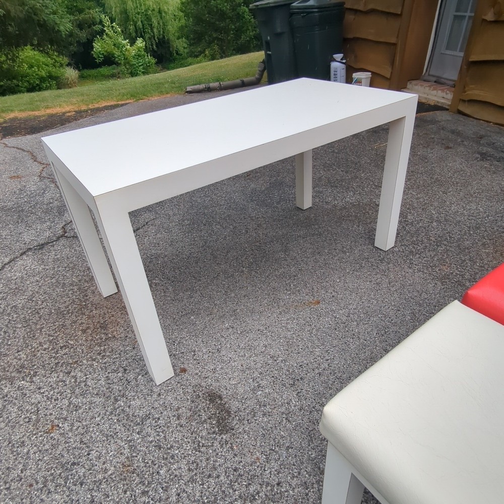 Vintage 80s Postmodern Laminate Parsons Table with 4 Upholstered Stools