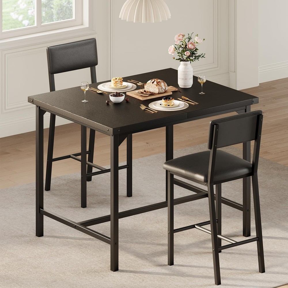 Dining Table Set for 2 Counter Height Bar Table with Padded Stools Metal Frame