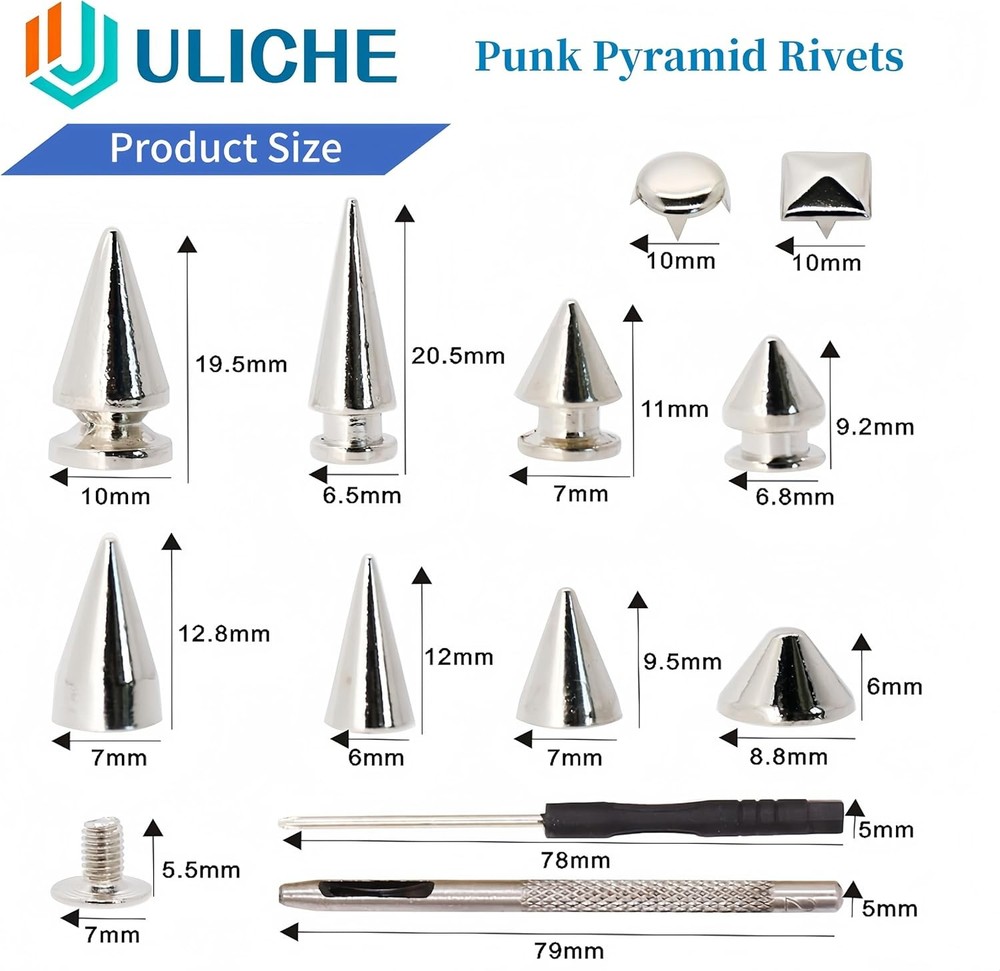 Uliche 559 Pcs Punk Studs and Spikes Kit，8 Sizes Cone Spikes,Square Pyramid&Ci