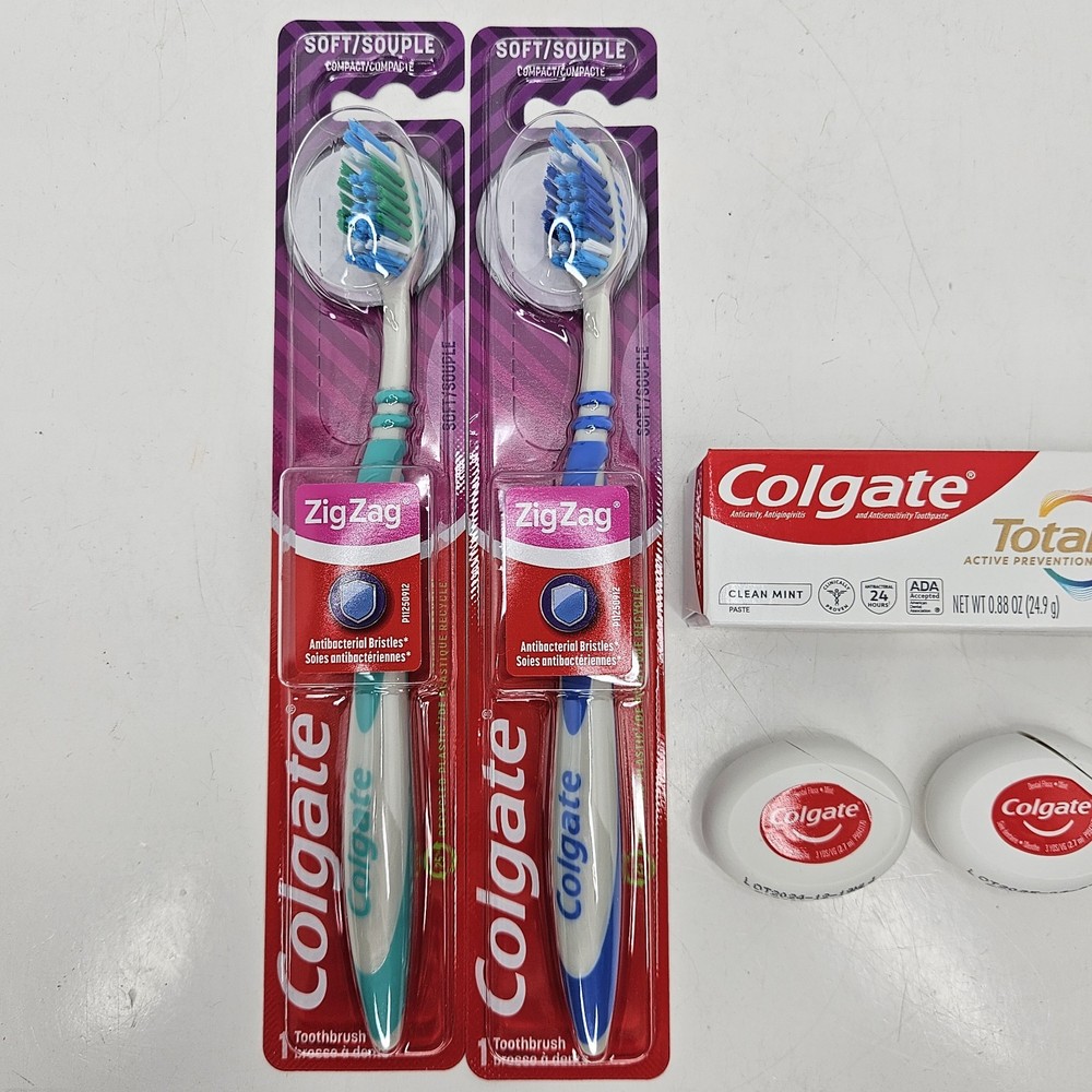 (2) Colgate Zig-Zag Wide Compact Soft Adult Toothbrush w/ Floss & Toothpaste
