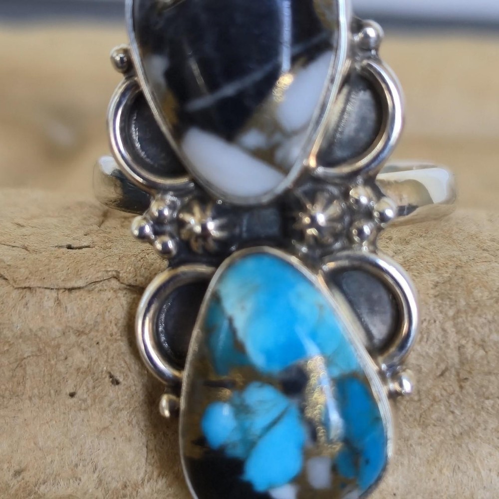 925 Sterling Silver Turquoise Adjustable Ring Western, Boho Style