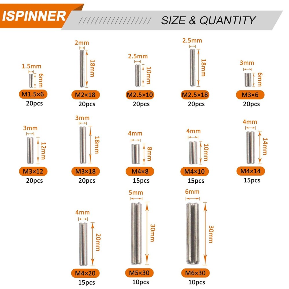 ISPINNER 220Pcs Roll Pin Set, Stainless Steel Slotted Spring Pin Assortment