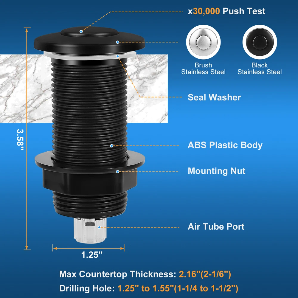 Air Switch Kit for Garbage Disposal 3.58” Extra Button Black Stainless Steel