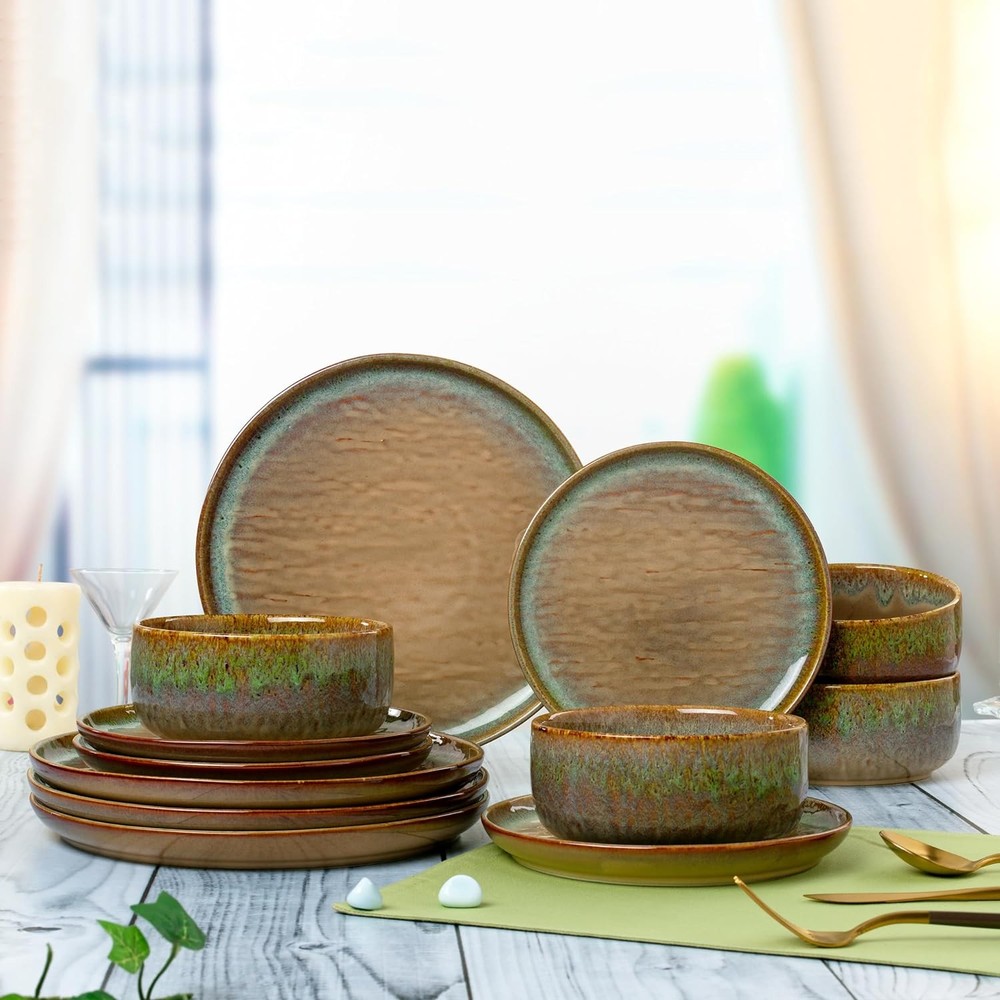 “Alyssa” 12-Piece Stoneware Dinnerware Set with Reactive Brown Glaze