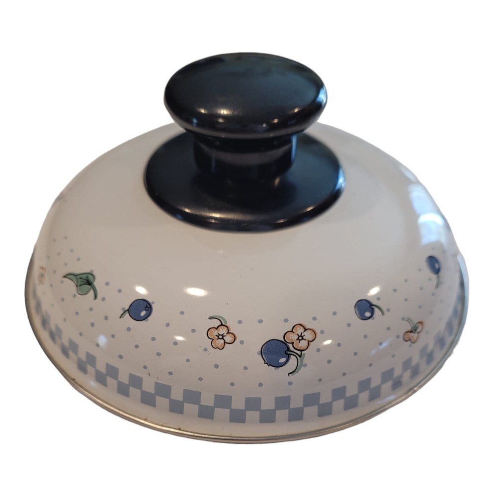 Small White Enamel Type Replacement Lid Blue Check Dots Floral 5 3/4" Black Knob
