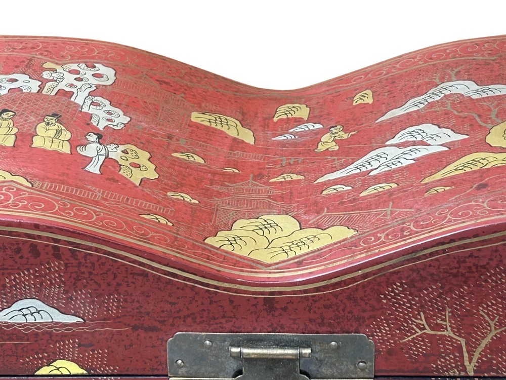 Red Lacquer Chinoiserie-style Gold Silver Scenery Graphic Rectangular Box GB230