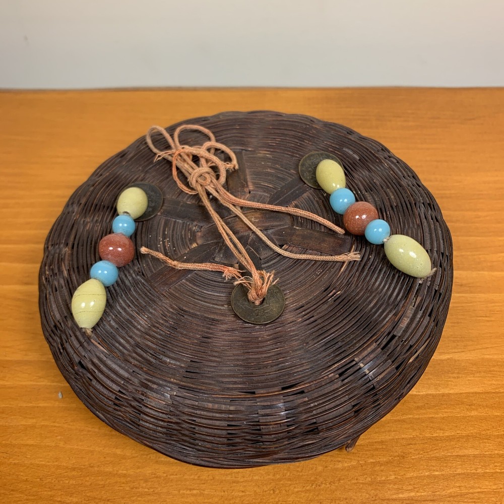 Vintage Chinese small sewing basket With “coins” And Beads