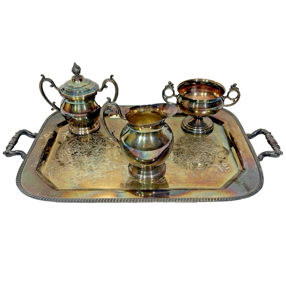 Vintage Silverplate Lot Handled Rectangular Tray Lidded Sugar Bowl Creamer Set