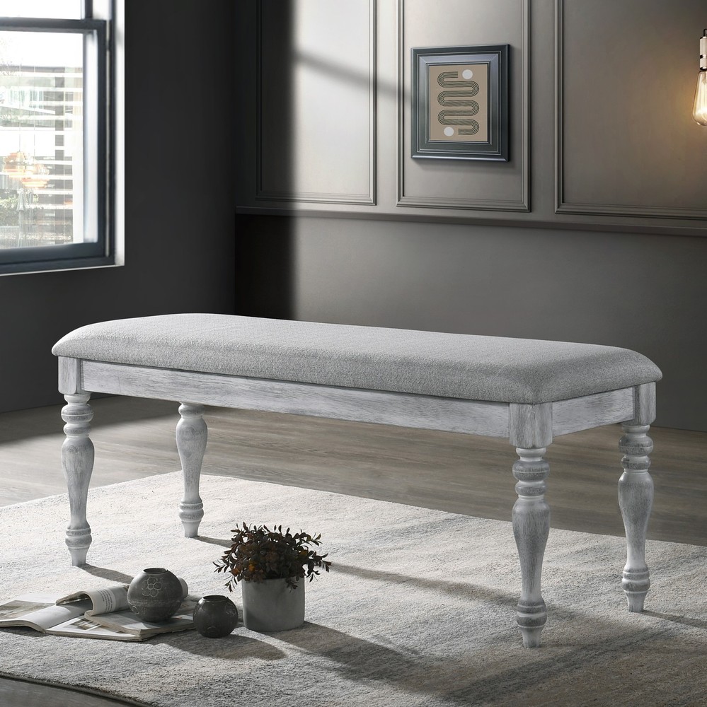 Upholstered Turned Leg Dining Bench in Rustic White, Farmhouse Kitchen Stool