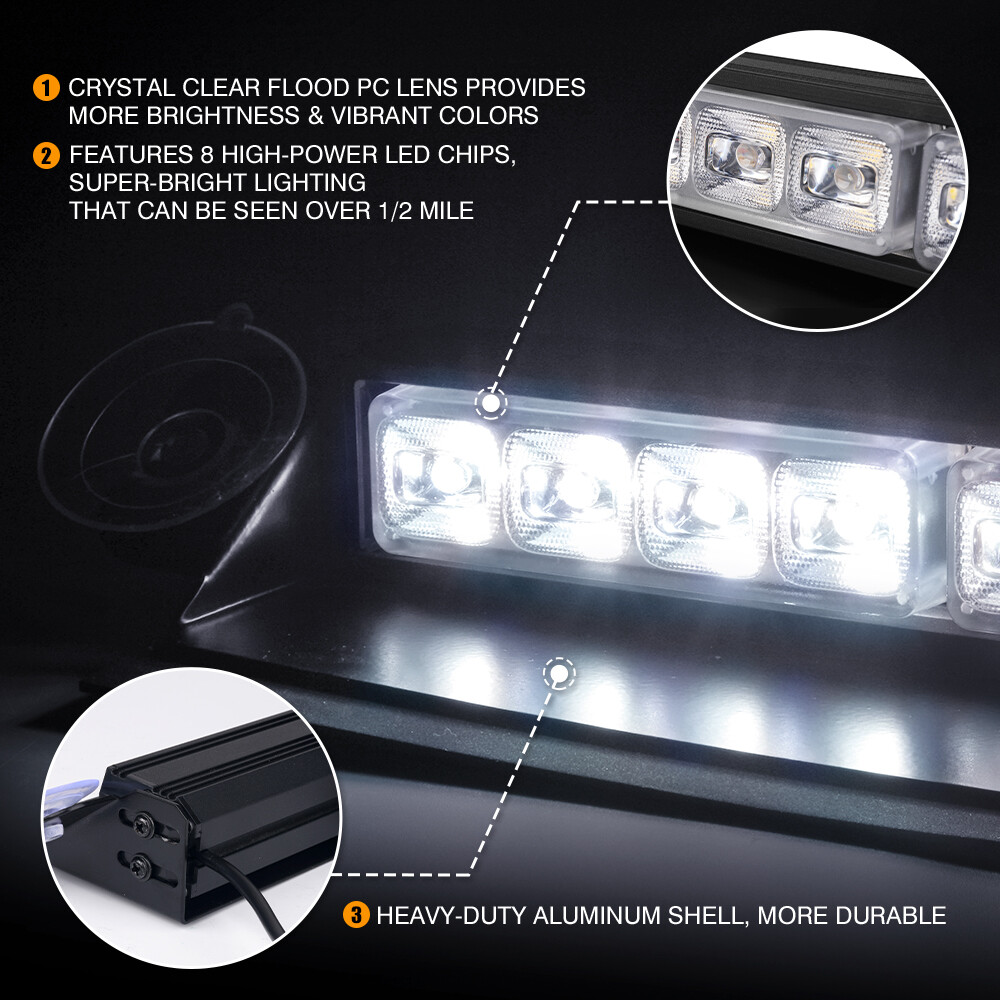 8 LED Windshield Strobe Light Bar Dash Emergency Warning Flasher Amber White 12V
