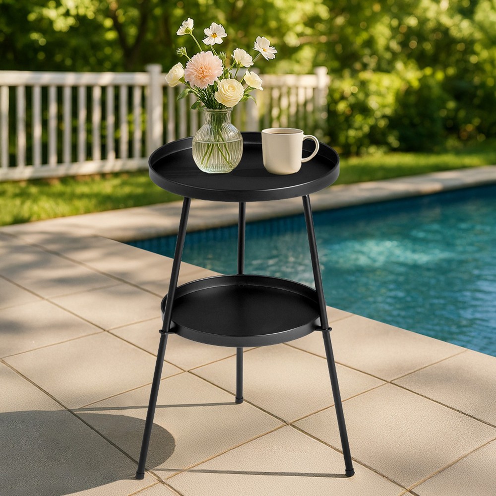 Small Patio Side Table, Round 2-Tier End Table, Metal Round Coffee Table