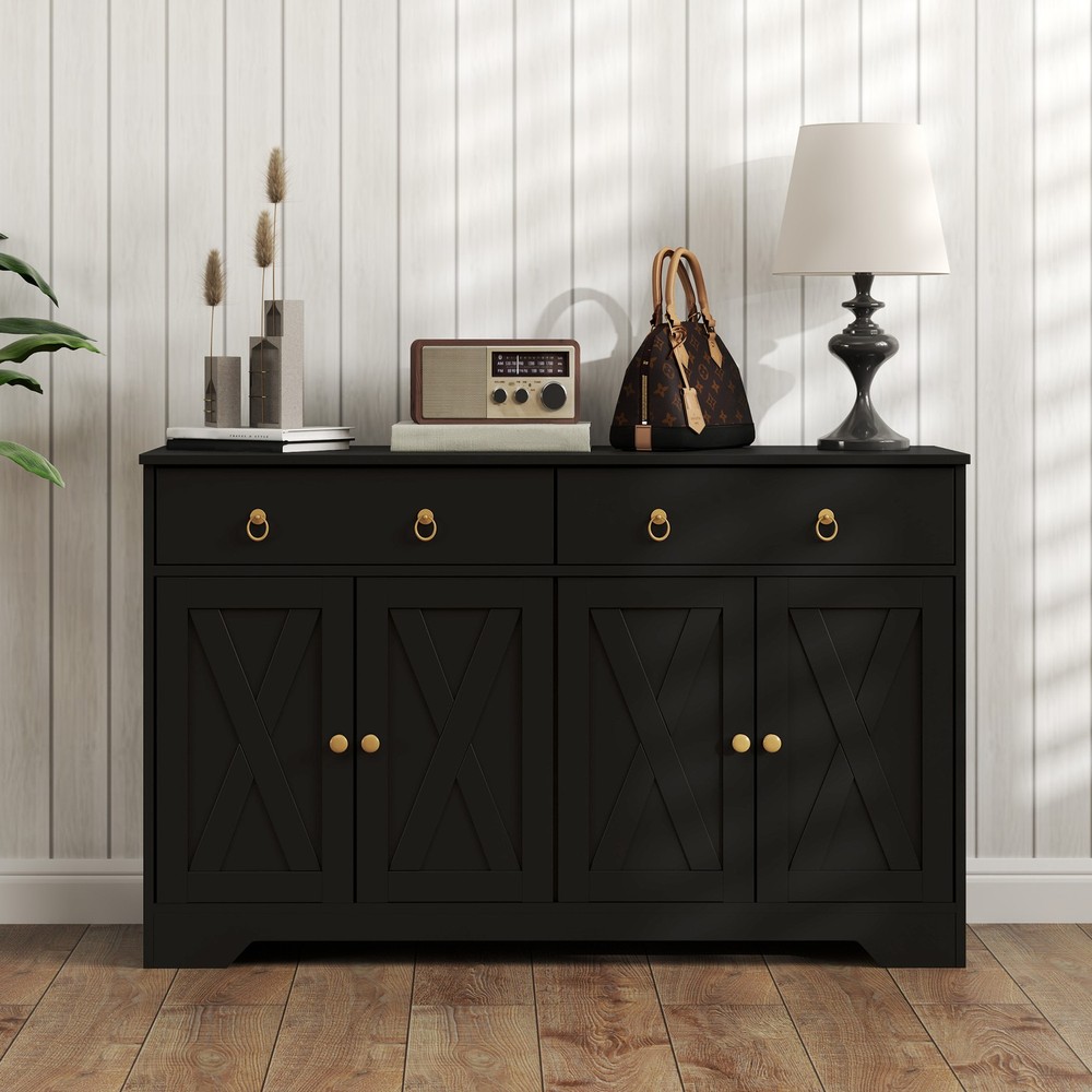 Kitchen Storage Sideboard, Buffet Cabinet with Barn Doors, Black