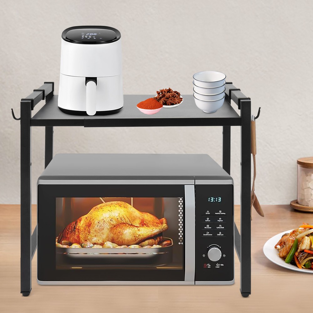 Adjustable Microwave Stand Black Oven Shelf Kitchen Countertop Organizer W/Hooks