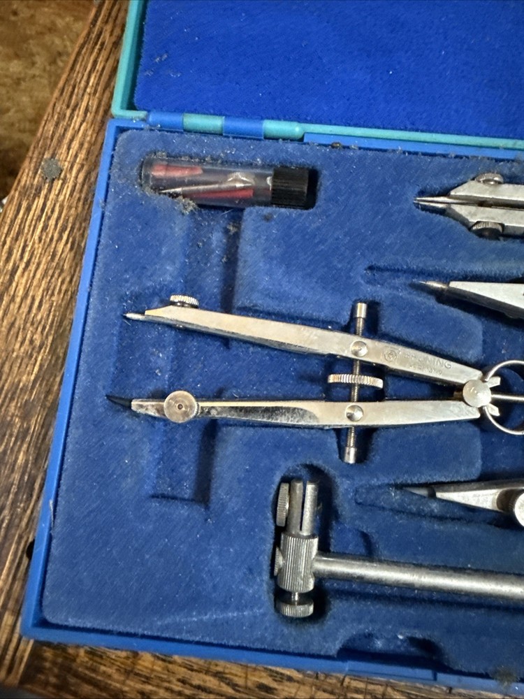 Vtg BRUNING Drafting Compass & Tools Vintage Engineering in Case Germany