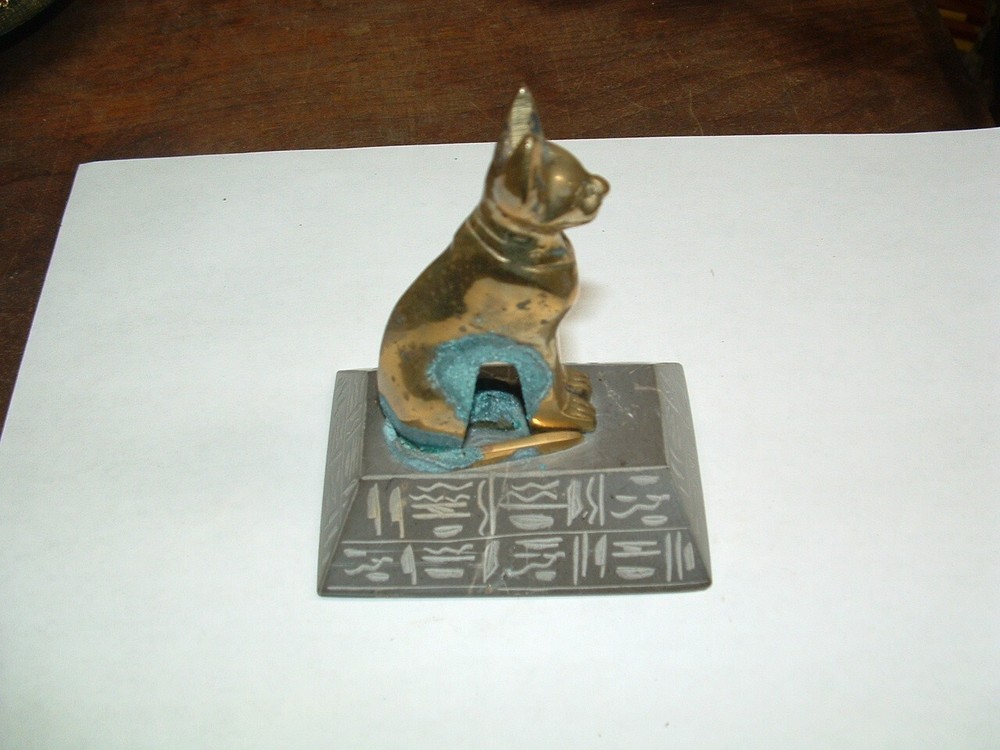 SOLID BRASS EGYPTIAN SPHINX CAT WITH SOLID STONE BASE CARVED HIEROGLYPHS WRITING