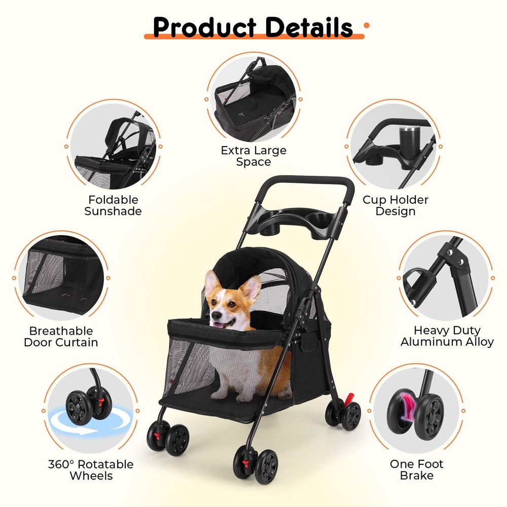 Foldable Pet Stroller for Small/Medium Pets up to 22 lbs - Lightweight 4-Whee...