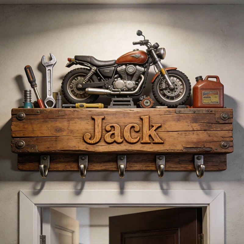 Custom Name Motorcycle Key Holder Wall Hook Rack Rustic Garage Decor