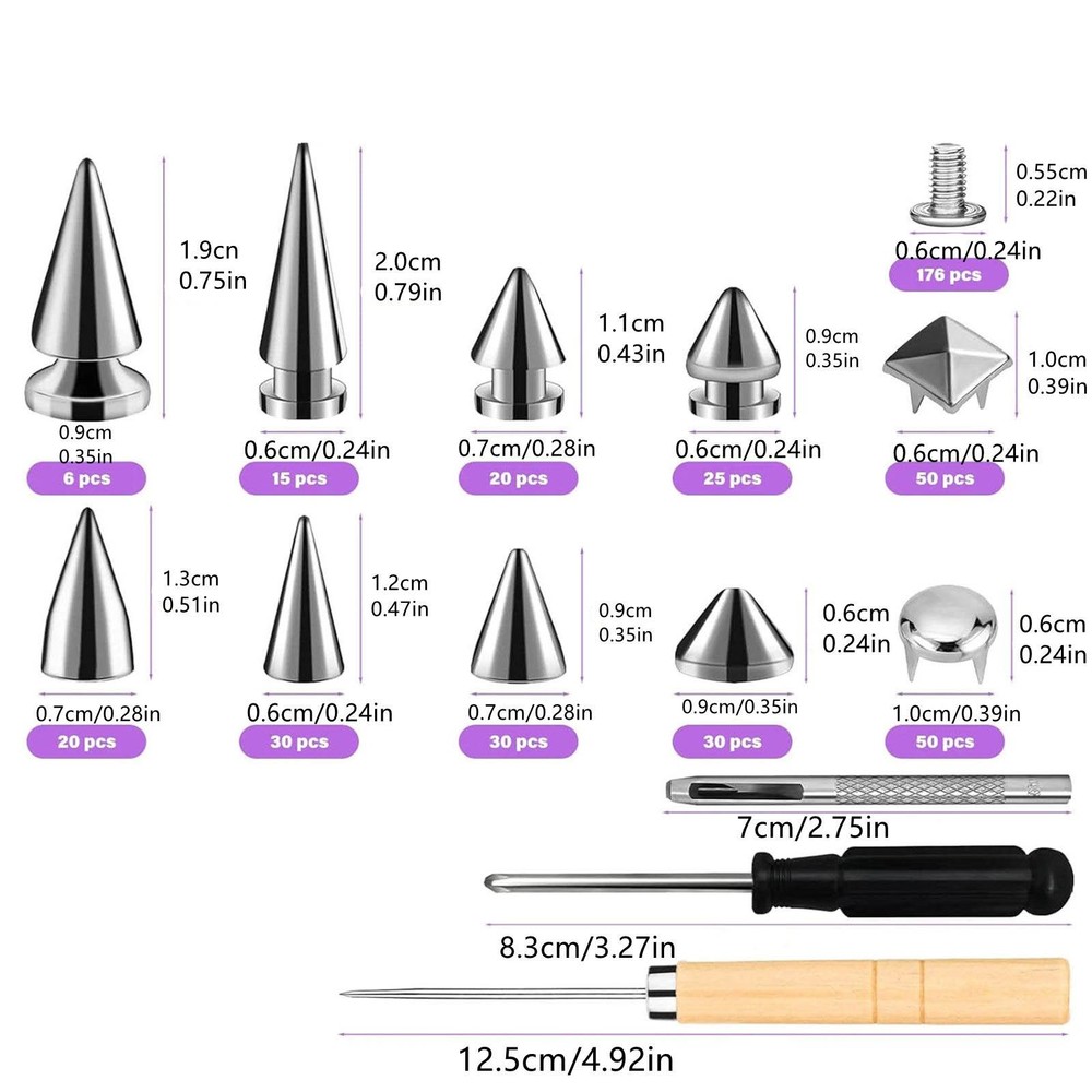 455PCS Assorted Metal Spikes and Studs Punk Hardware Complete Kit with Tools