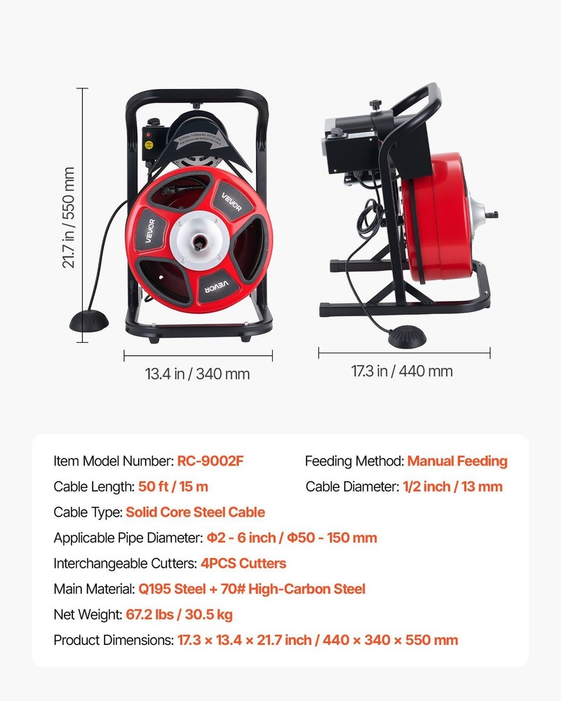 Sewer Snake Machine 50ft 1/2", 4 Interchangeable Cutters