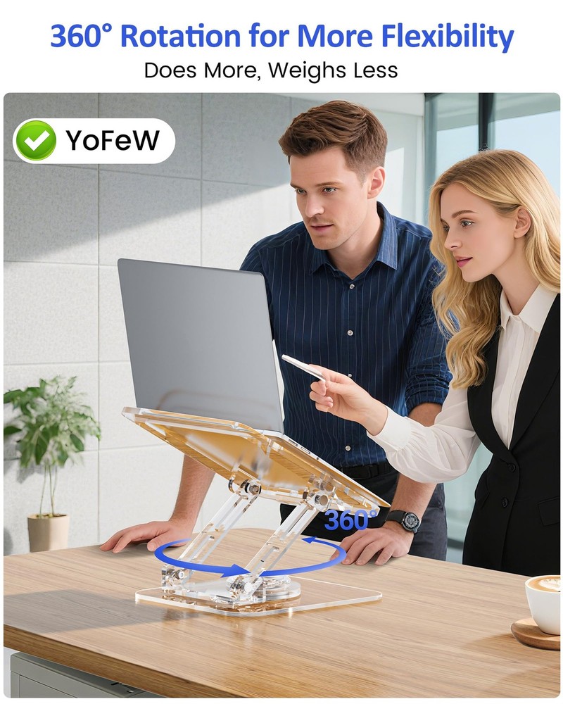 YoFeW Laptop Stand for Desk - Adjustable, Foldable Clear Acrylic Riser with 360°